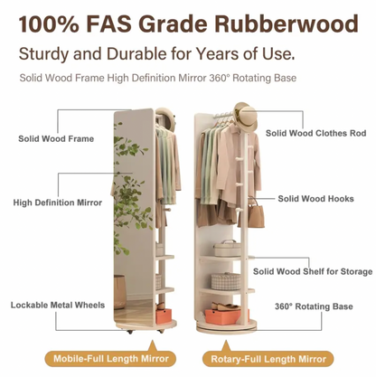 Solid Wood Floor Mirror – Rotating with Coat Hanger!